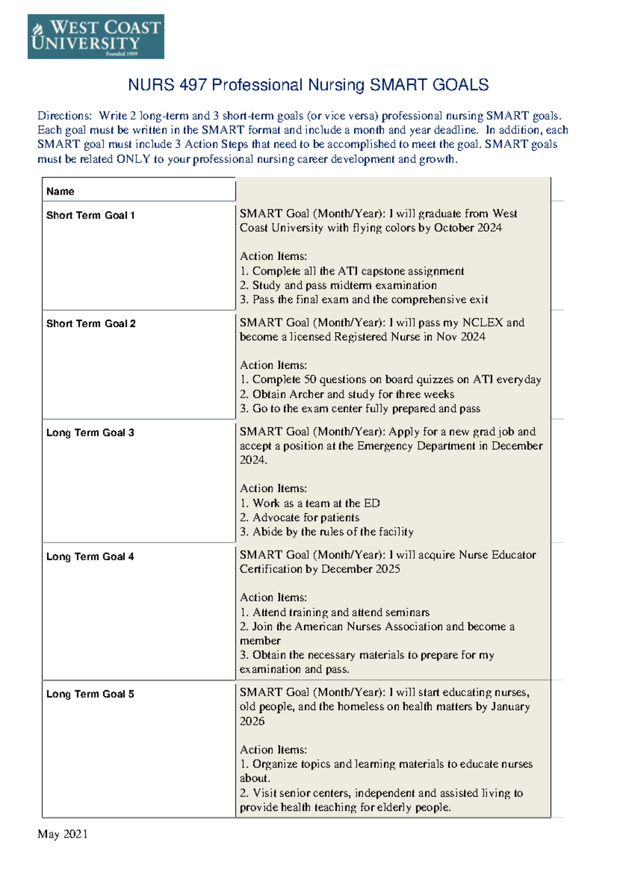 NURS 497 Professional Nursing: SMART Goals Template Guide - Studocu