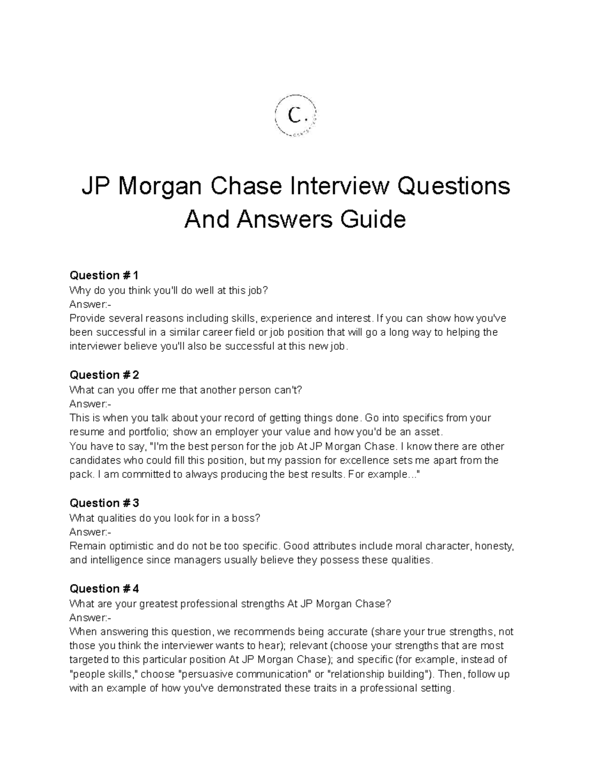 JP Morgan Chase Interview Q&A Guide: Key Questions & Answers - Studocu
