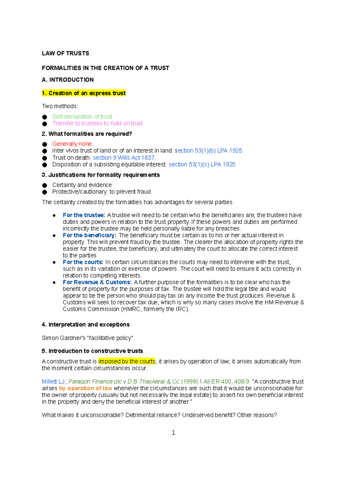 LAW OF TRUSTS: Formalities in Trust Creation Lecture Notes - Studocu