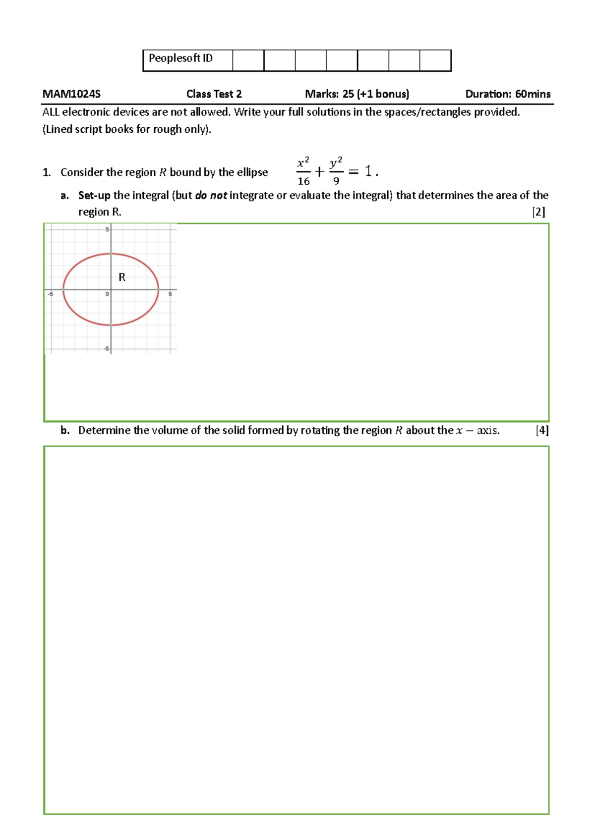 MAM1024S 2025 Class Test 2: Area and Volume Integrals Analysis - Studocu