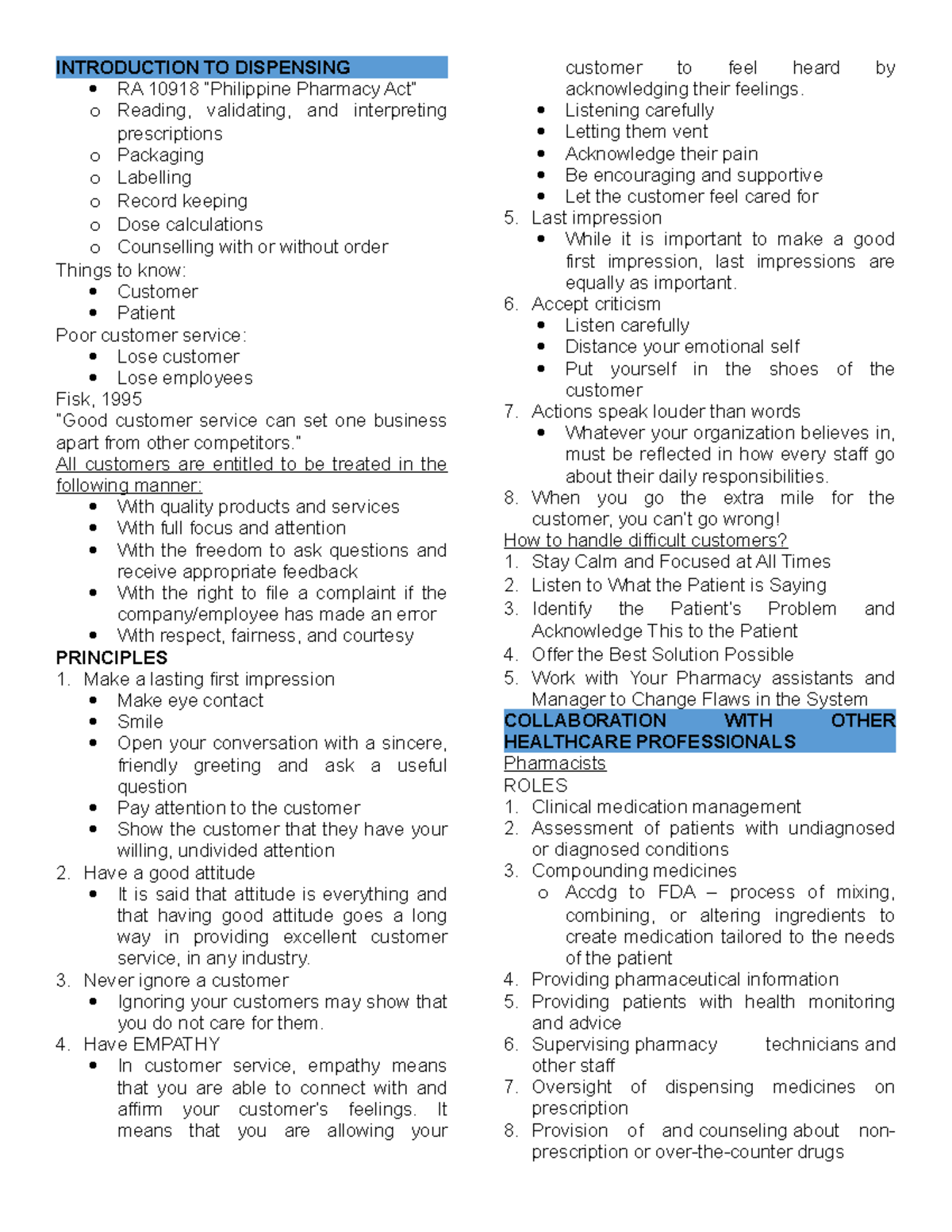 Dispensing 1 - Midterm Study Notes on Customer Service & Pharmacy Roles ...