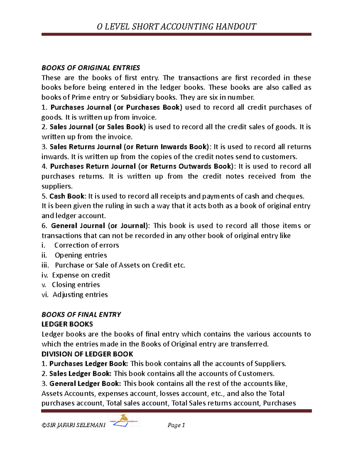 O level Acounts booksoforiginalentries - BOOKS OF ORIGINAL ENTRIES ...