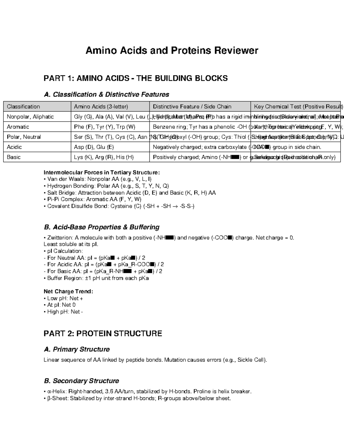 Amino Acids and Proteins Review: Key Concepts and Structures - Studocu