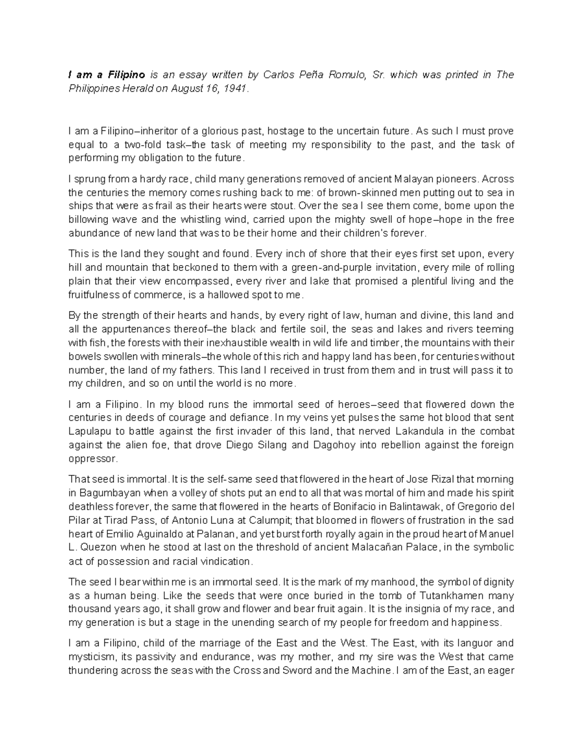 Essay: I am a Filipino by Carlos Peña Romulo - Studocu