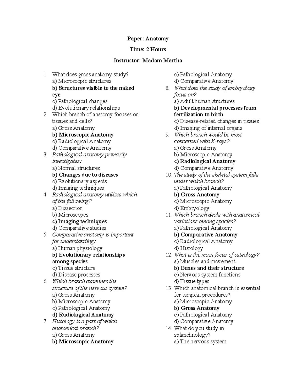 Anatomy exam paper: key concepts and questions for review - Studocu