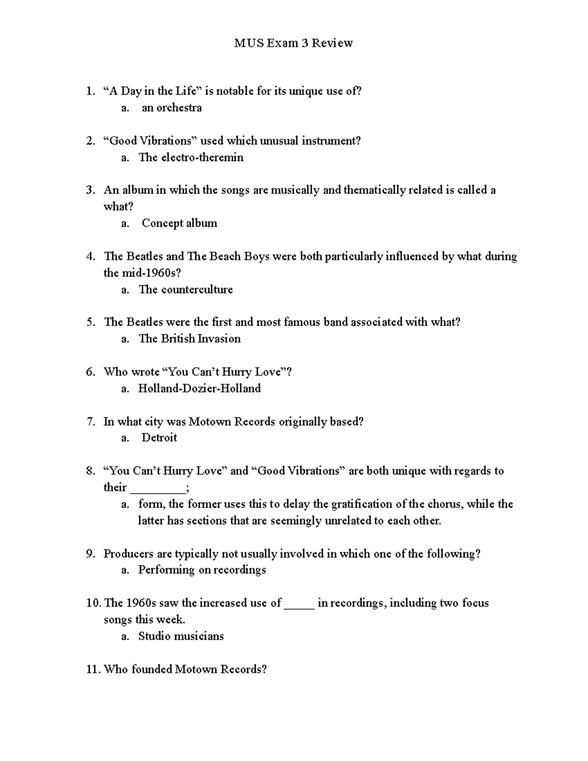 MUS 101 Exam 3 Study Guide - Overview of Key Concepts and Songs - Studocu