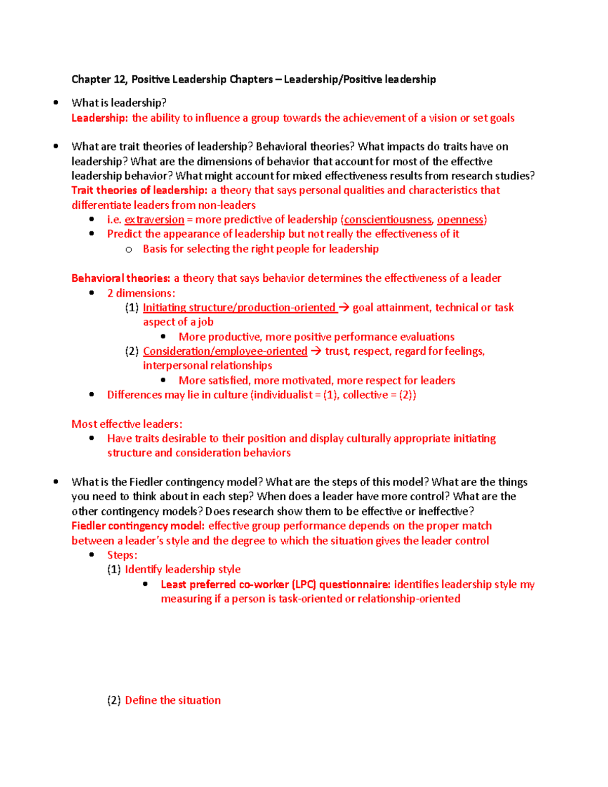 Chapter 12 - Positive Leadership Theories and Strategies - Studocu