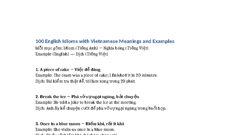 100 English Idioms with Vietnamese Meanings and Examples - Studocu