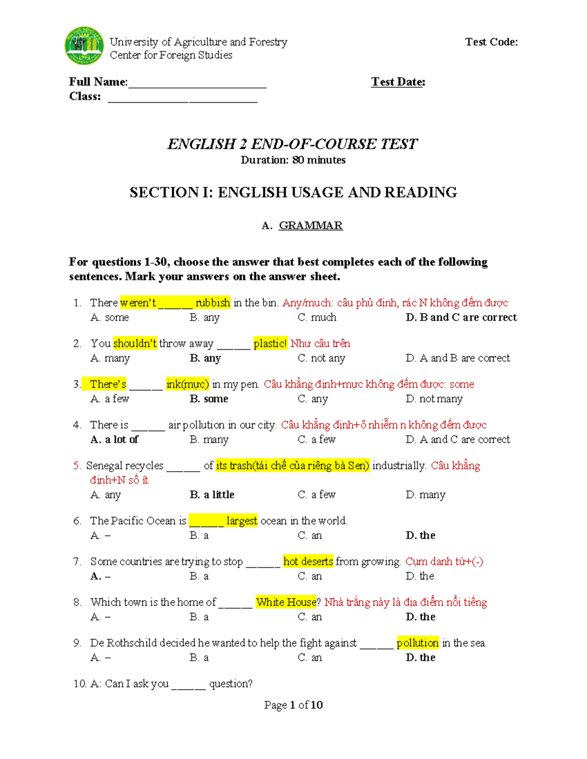 ENGLISH 2 FINAL TEST - University of Agriculture and Forestry - Studocu
