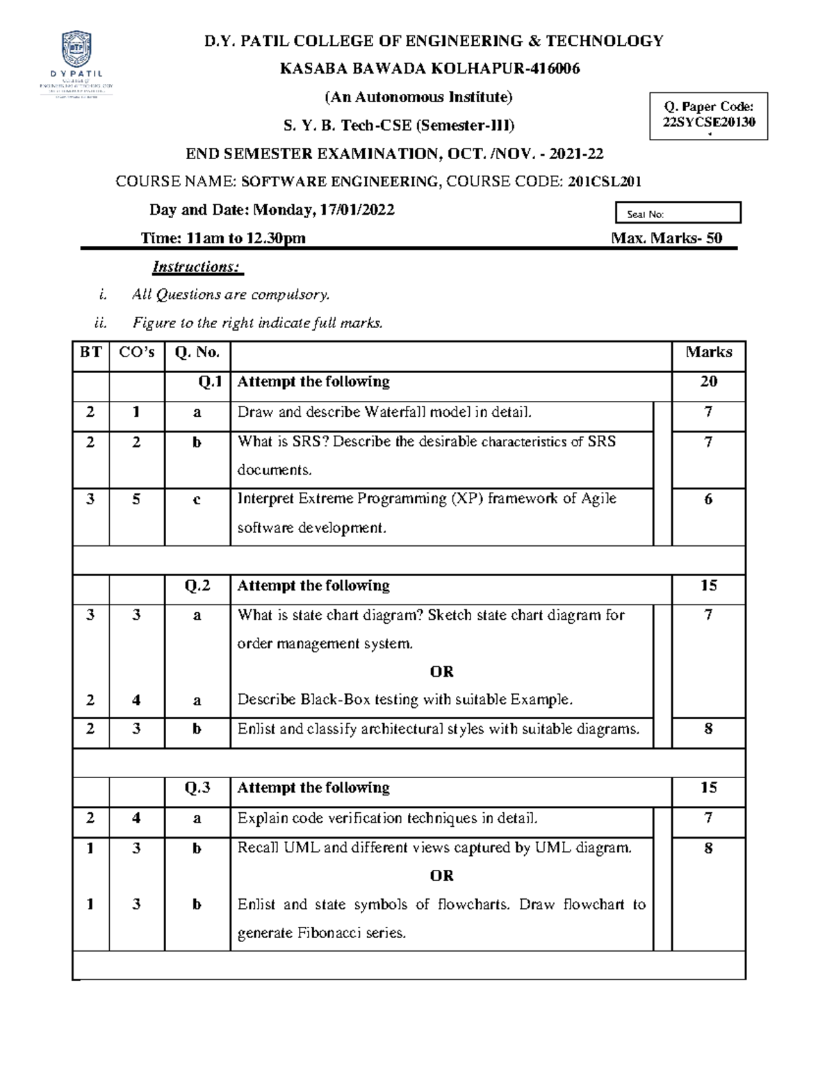 Software Engineering ESE CSE 201CSL201 Exam Paper - Oct 2023 - Studocu
