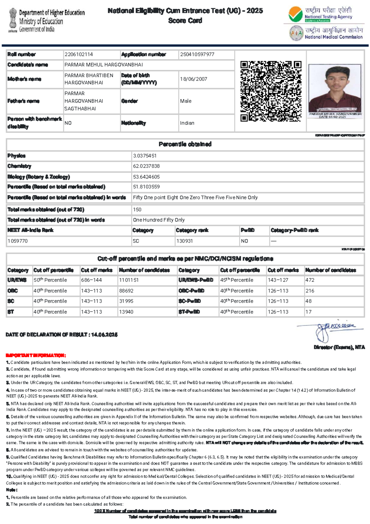NEET (UG) 2025 Score Card for Johari MBBS - Roll No. 2206102114 - Studocu