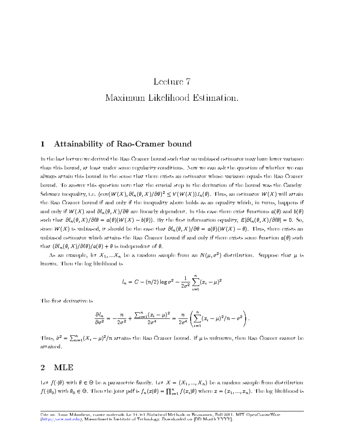 Lecture 7: Maximum Likelihood Estimation in 14.381 Statistical Methods ...