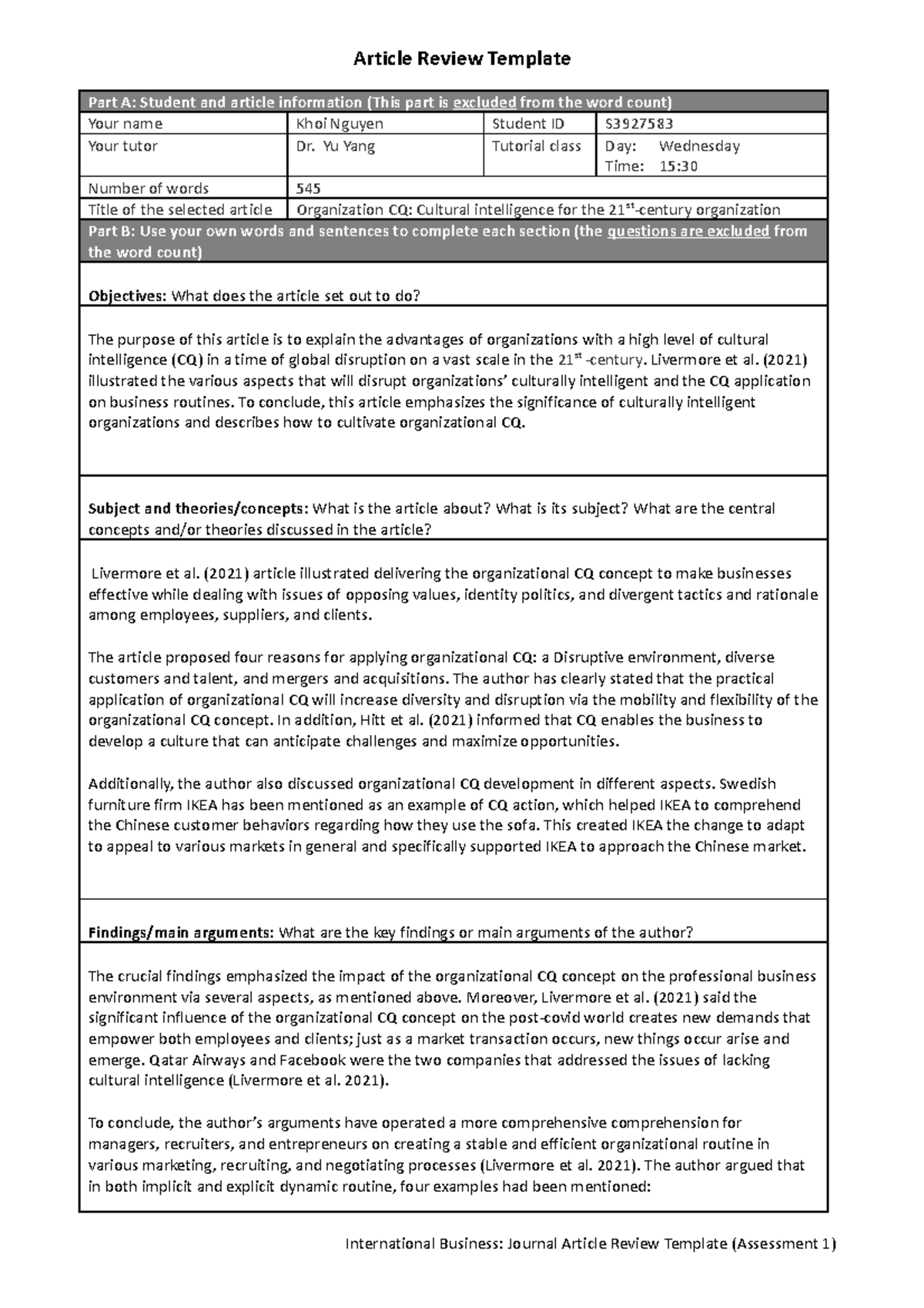 Article Review Template - Yu Yang Tutorial class Day: Wednesday Time ...