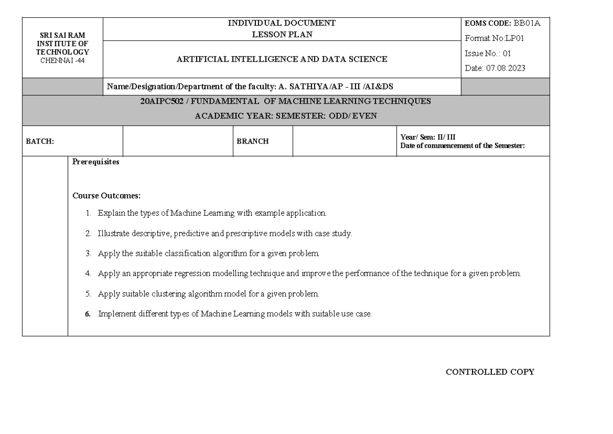 Updated Lesson Plan for Machine Learning (20AIPC502) - Studocu