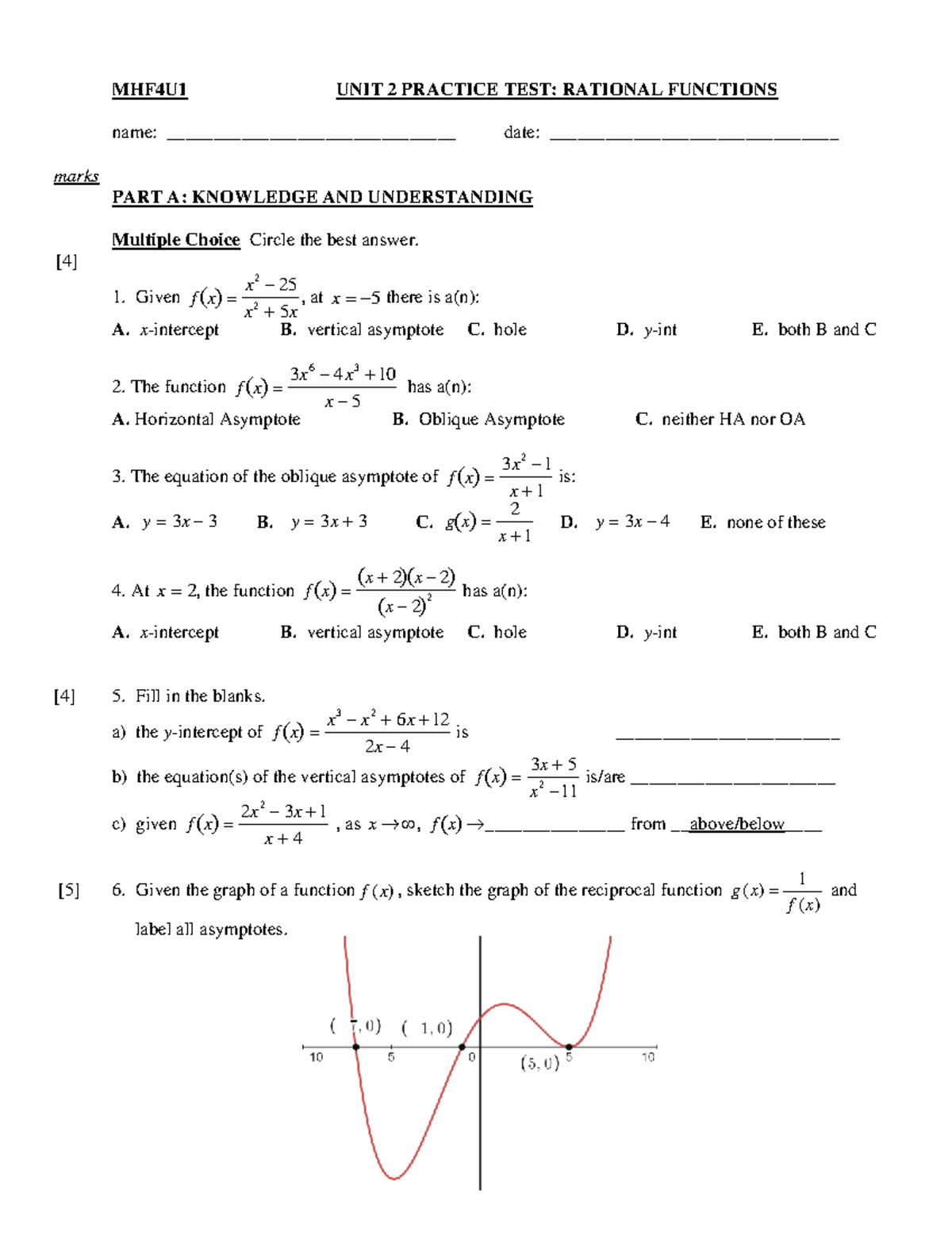 MHF4U1 Unit 2 Practice Test: Rational Functions Review - Studocu