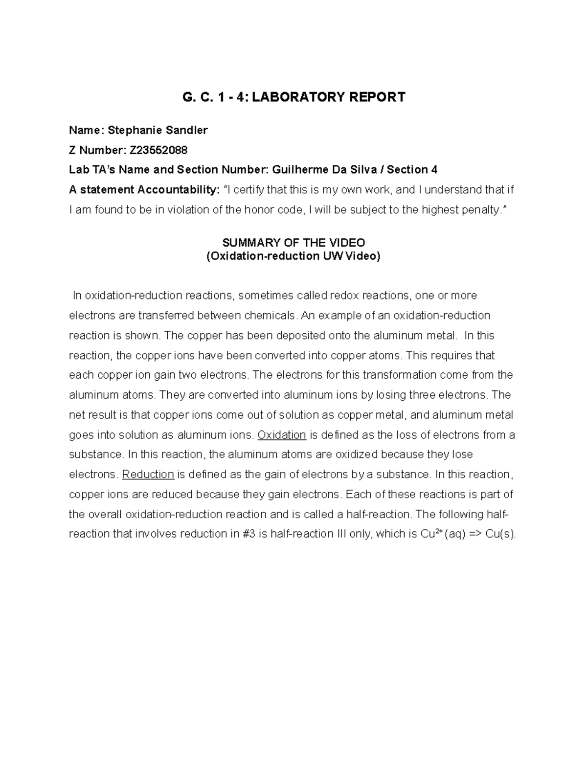 G.C.1.4 Lab Report on Oxidation-Reduction Reactions Analysis - Studocu