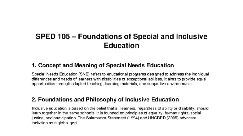 SPED 105 Final Exam Notes: Foundations of Special Needs Education - Studocu