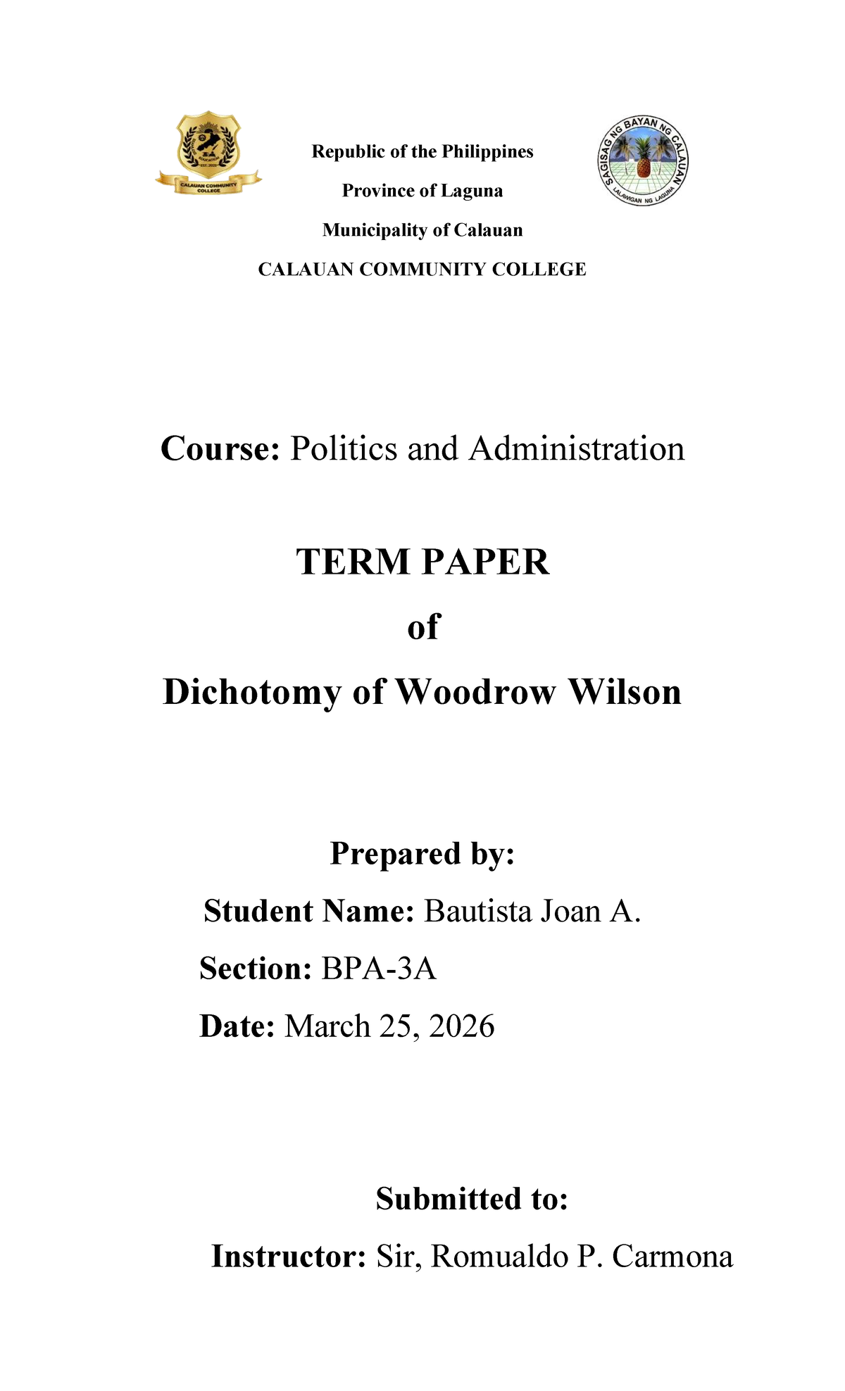 Politics and Administration (POL 101): Term Paper on Wilson's Dichotomy ...