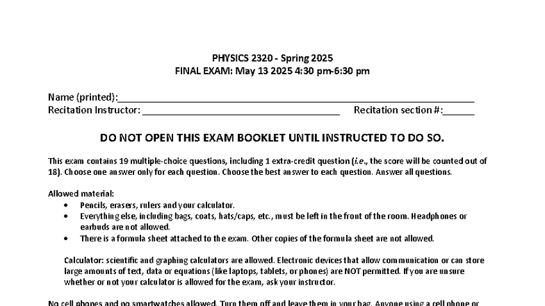 PHYS 2320 Spring 2025 FINAL EXAM Instructions and Questions - Studocu