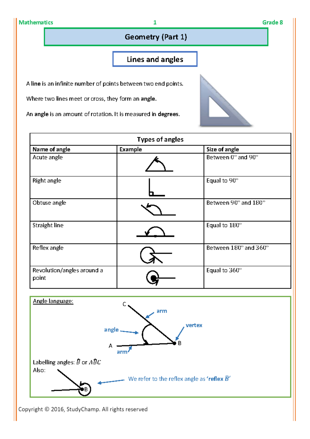 Mathematics Grade 8 Geometry 1: Lines and Angles Overview - Studocu