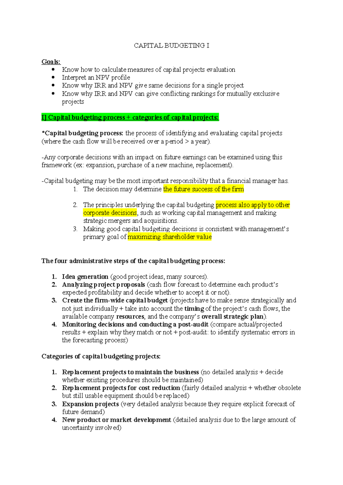 Notes on Capital Budgeting I - CAPITAL BUDGETING I Goals: Know how to ...