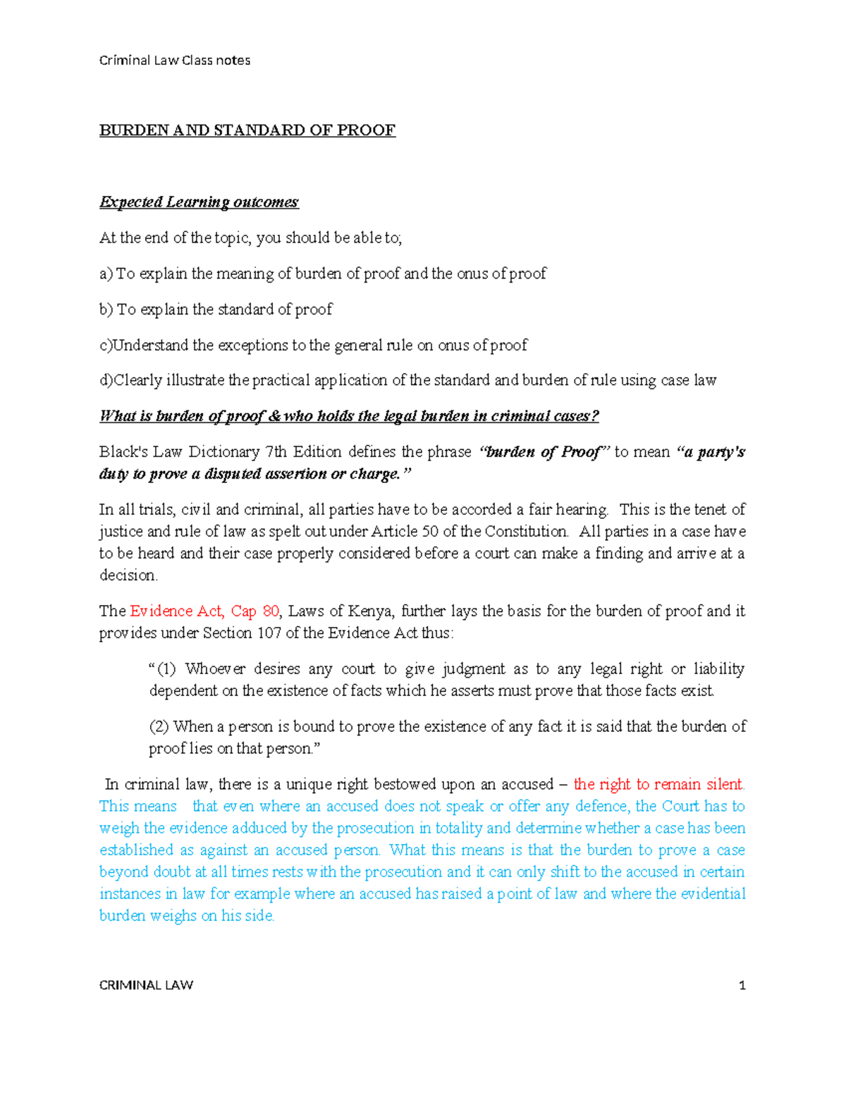 Criminal Law Class Notes: Burden and Standard of Proof Analysis - Studocu