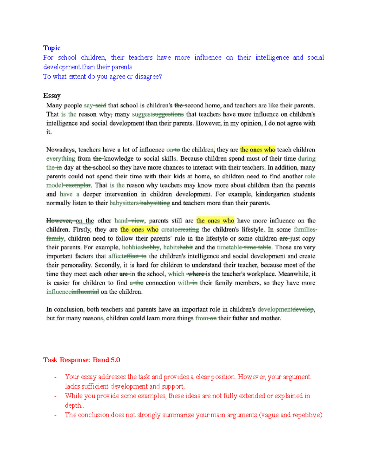 Chấm chữa Essay Task Response: Influence of Teachers vs. Parents - Studocu