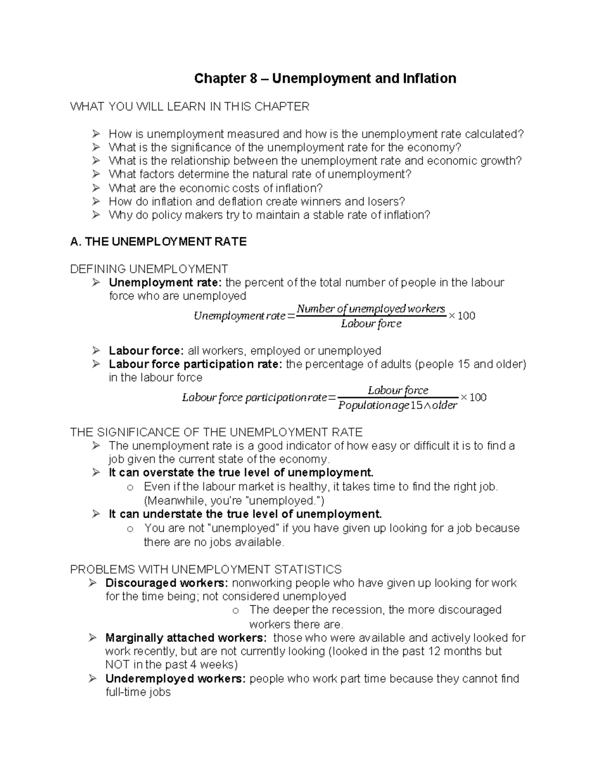Chapter 8 Study Notes - Unemployment & Inflation (Krugman 3) - Studocu