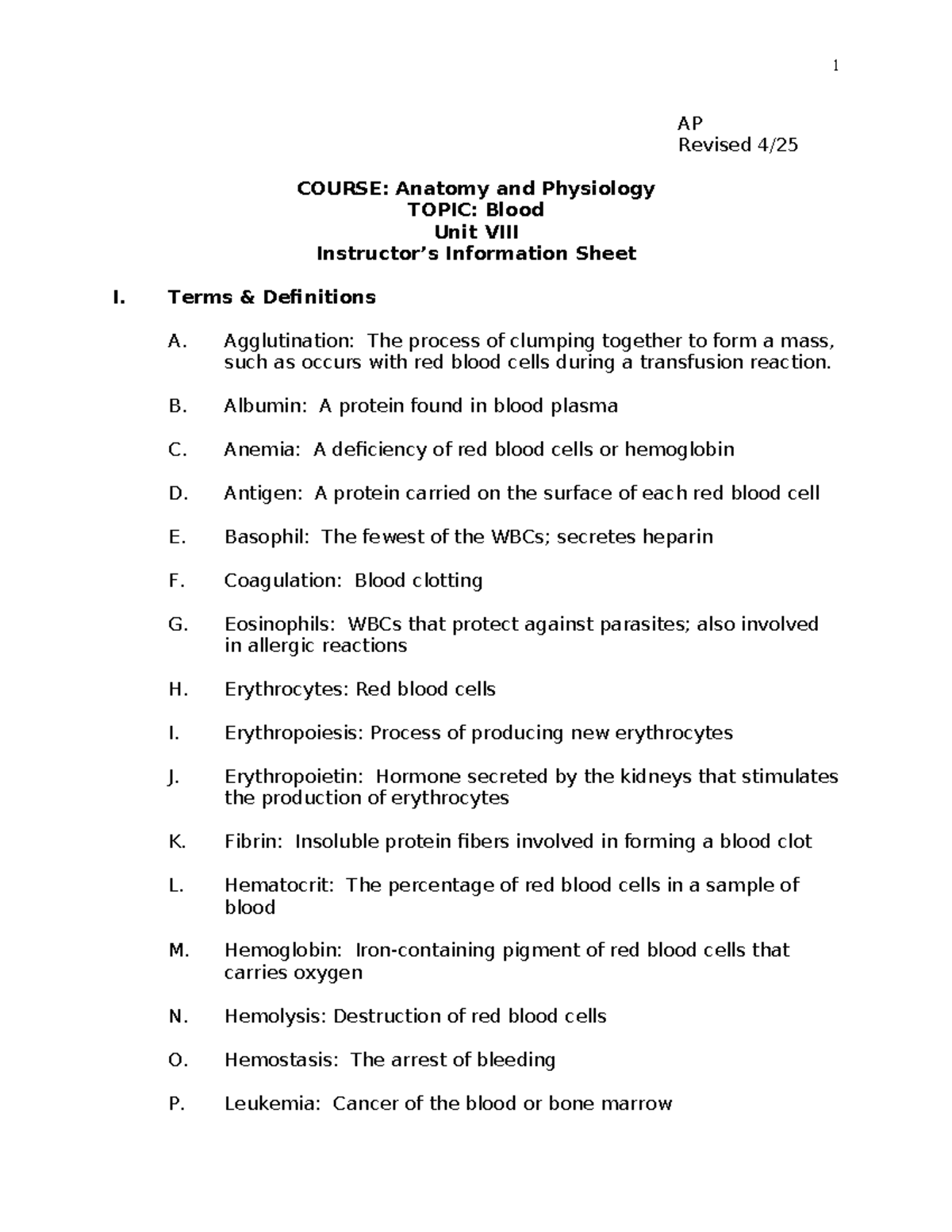 AP Unit 8: Blood - Key Terms and Functions in Anatomy & Physiology ...