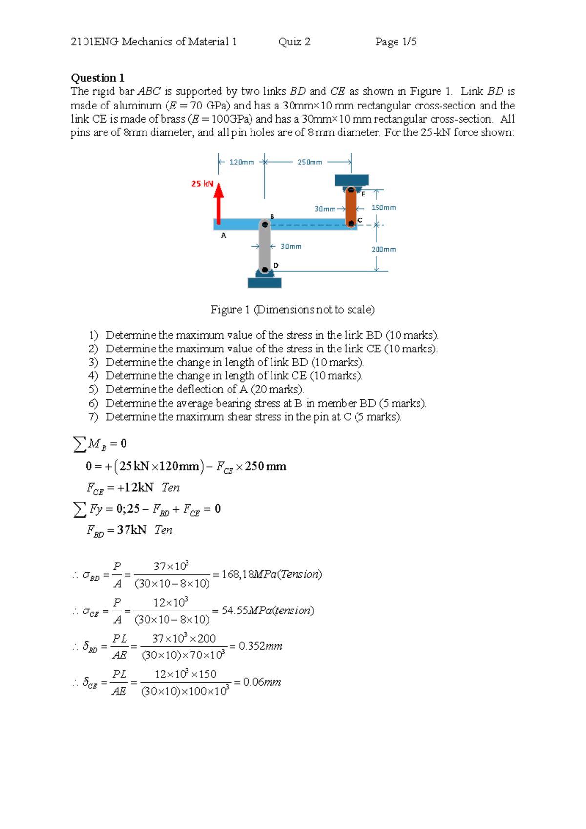 2101ENG Mechanics of Material 1 Quiz 2 Solutions and Analysis - Studocu