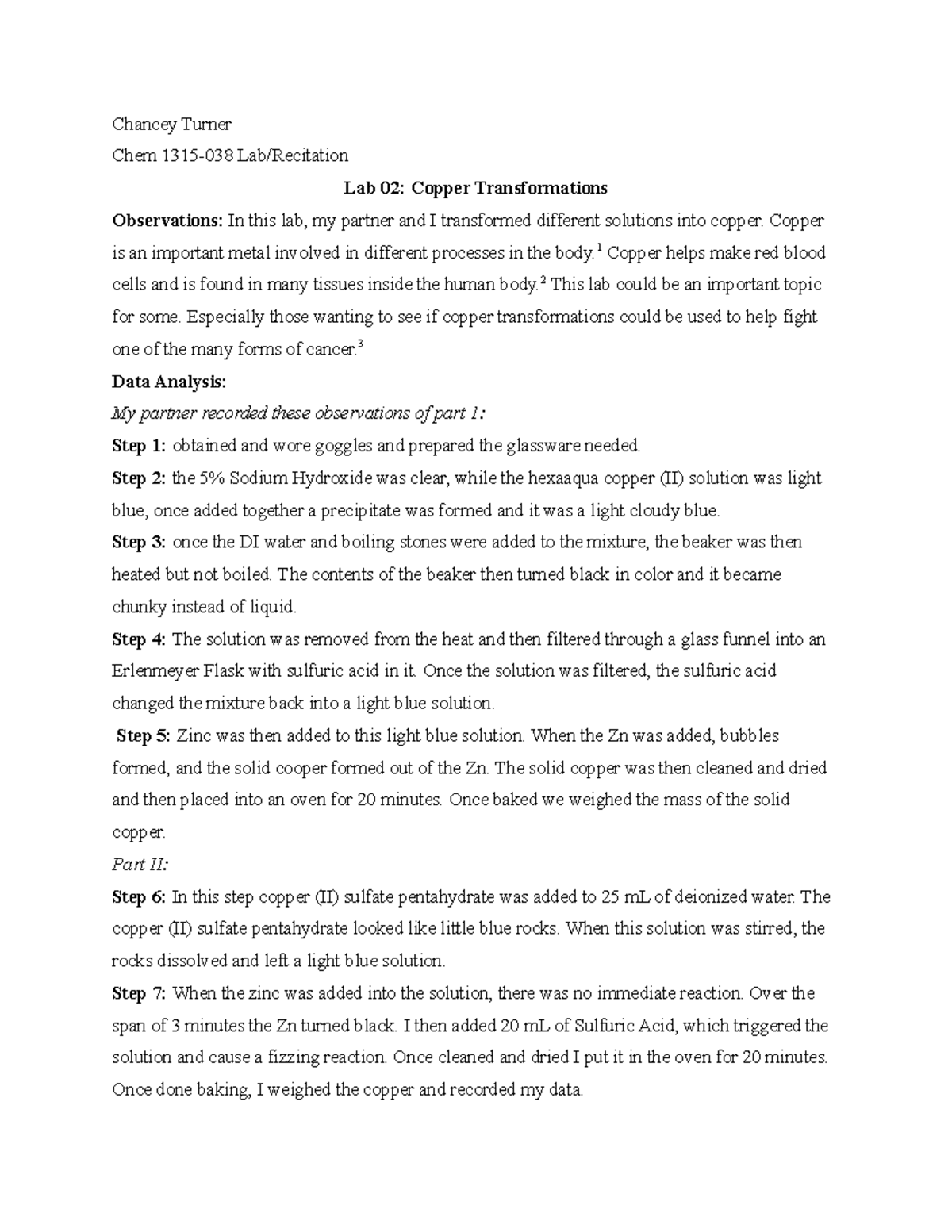 Chem 1315-038 Lab 02: Observations & Results of Copper Transformations ...