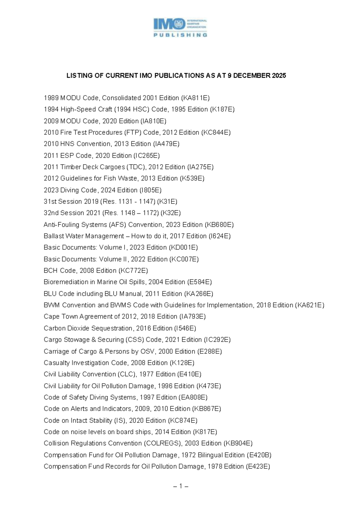 Listing of Current IMO Publications as of 10 Dec 2025 (KA811E) - Studocu