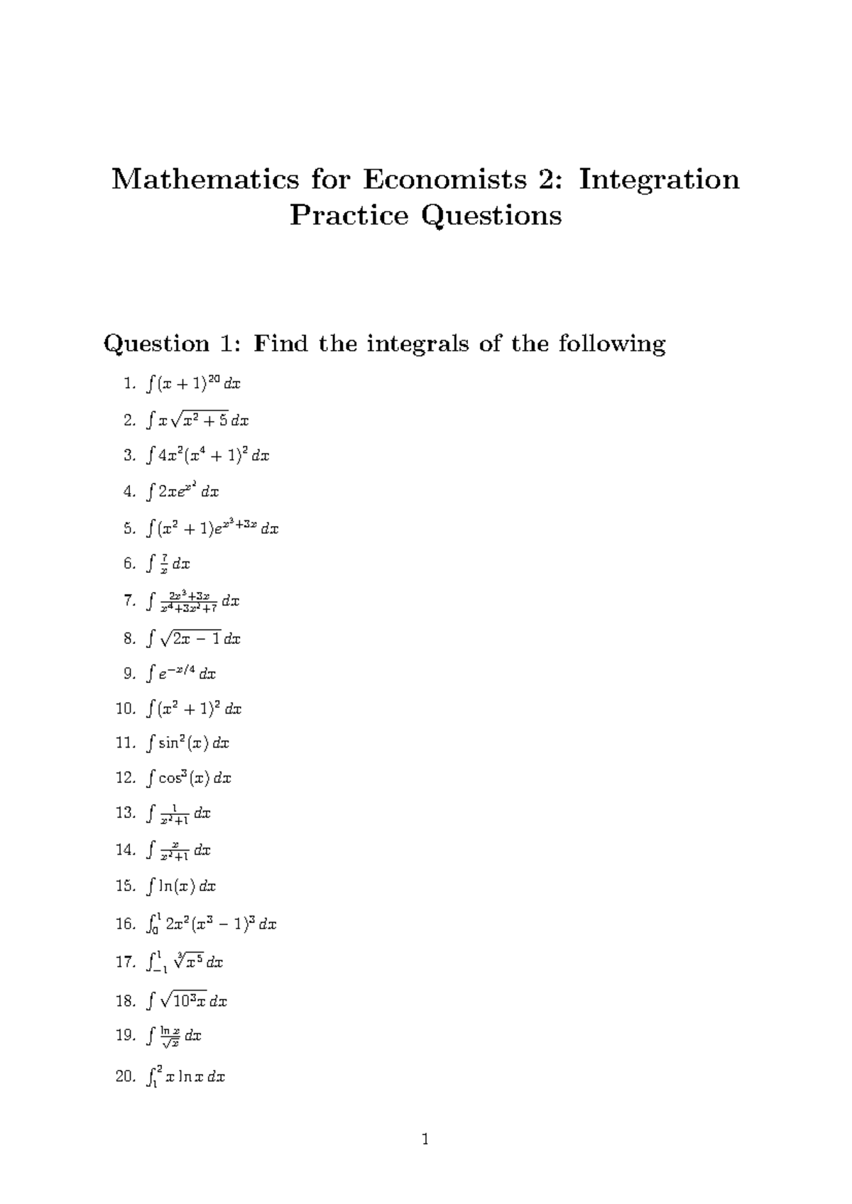 Integration Practice Questions - Mathematics for Economists 2 ...