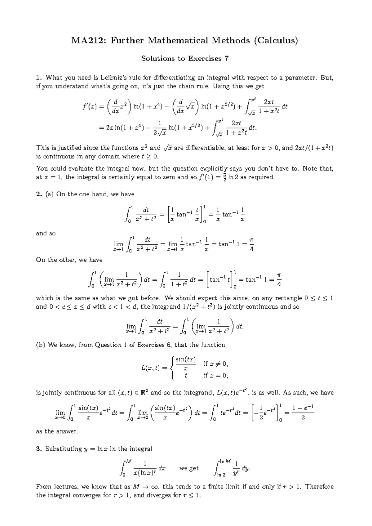 MA212: Further Mathematical Methods (Calculus) Exercise 7 Solutions ...