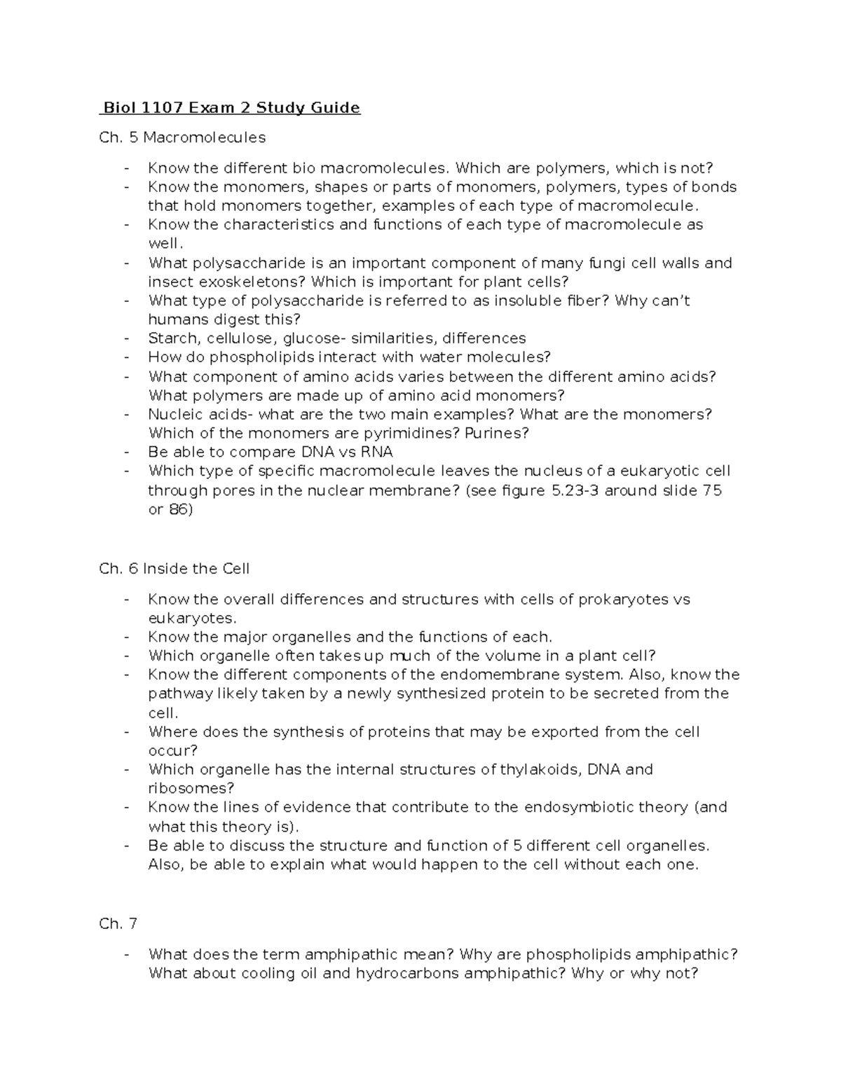 Exam 2 study guide - exam - Biol 1107 Exam 2 Study Guide Ch. 5 ...