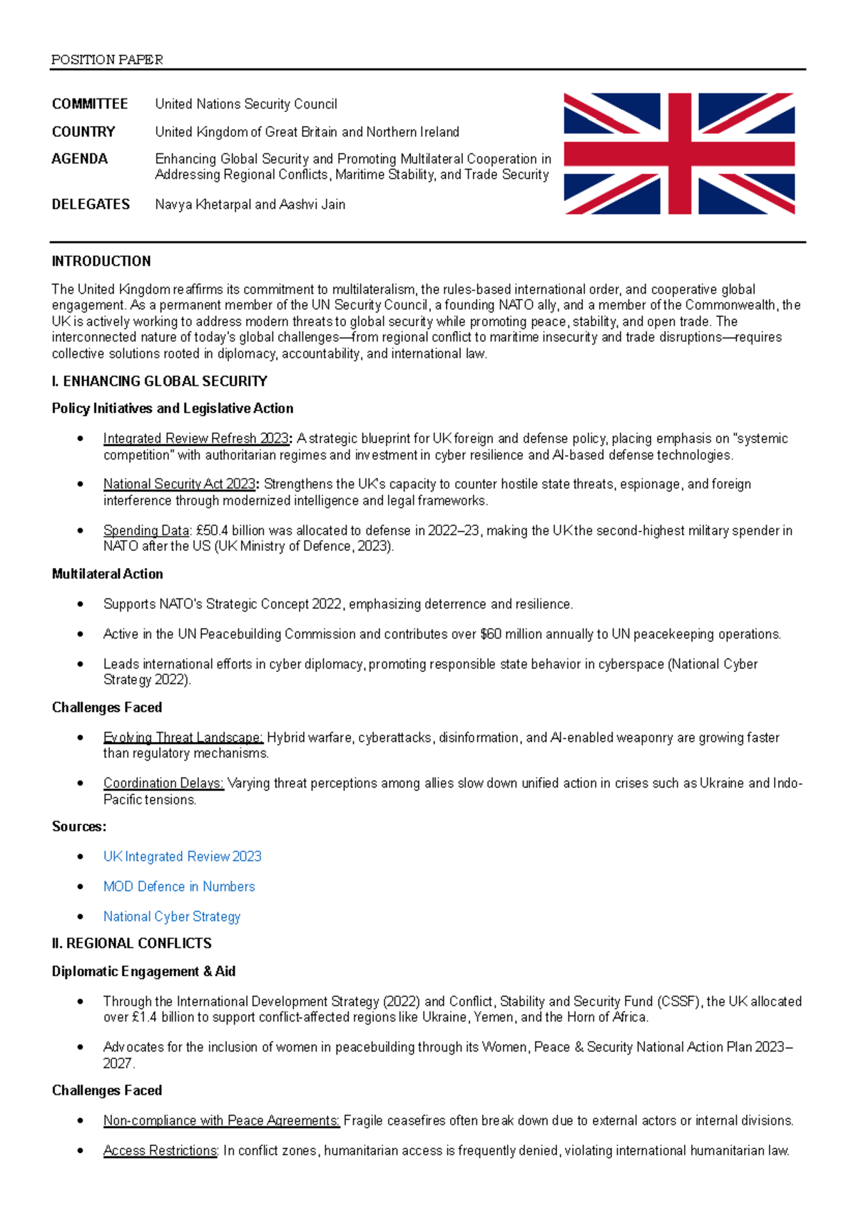 Position Paper (UK) - Enhancing Global Security & Cooperation - Studocu