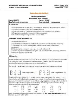 Matlab Activity 5 - Linear Algebra With Matlab - TIP - Studocu