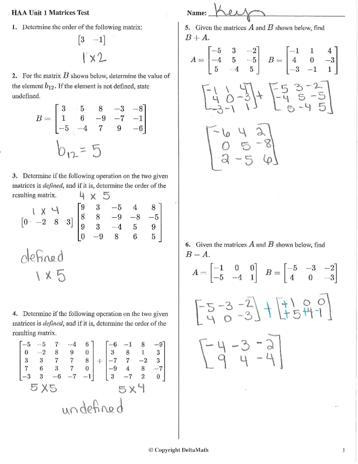 HAA Unit 1 Practice Test Key: Matrices & Operations F2024 - Studocu