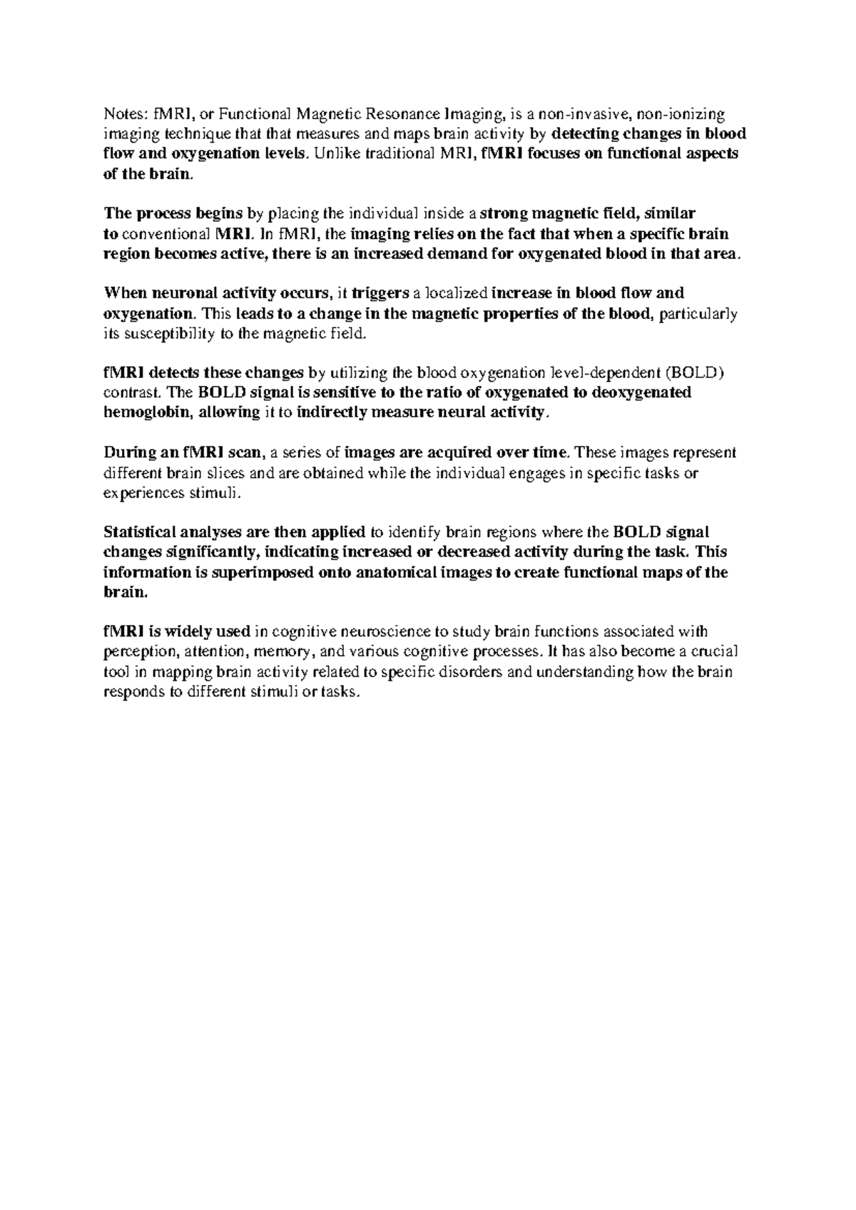 F MRI summary - Notes: fMRI, or Functional Magnetic Resonance Imaging ...