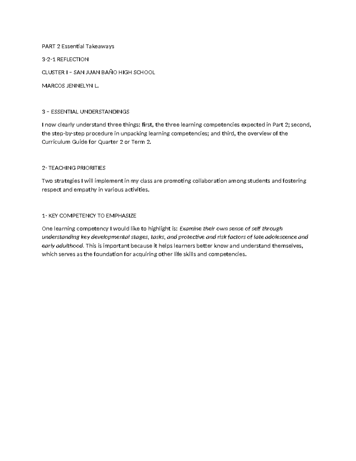 PART 2 Reflection on Essential Understandings and Teaching Priorities ...