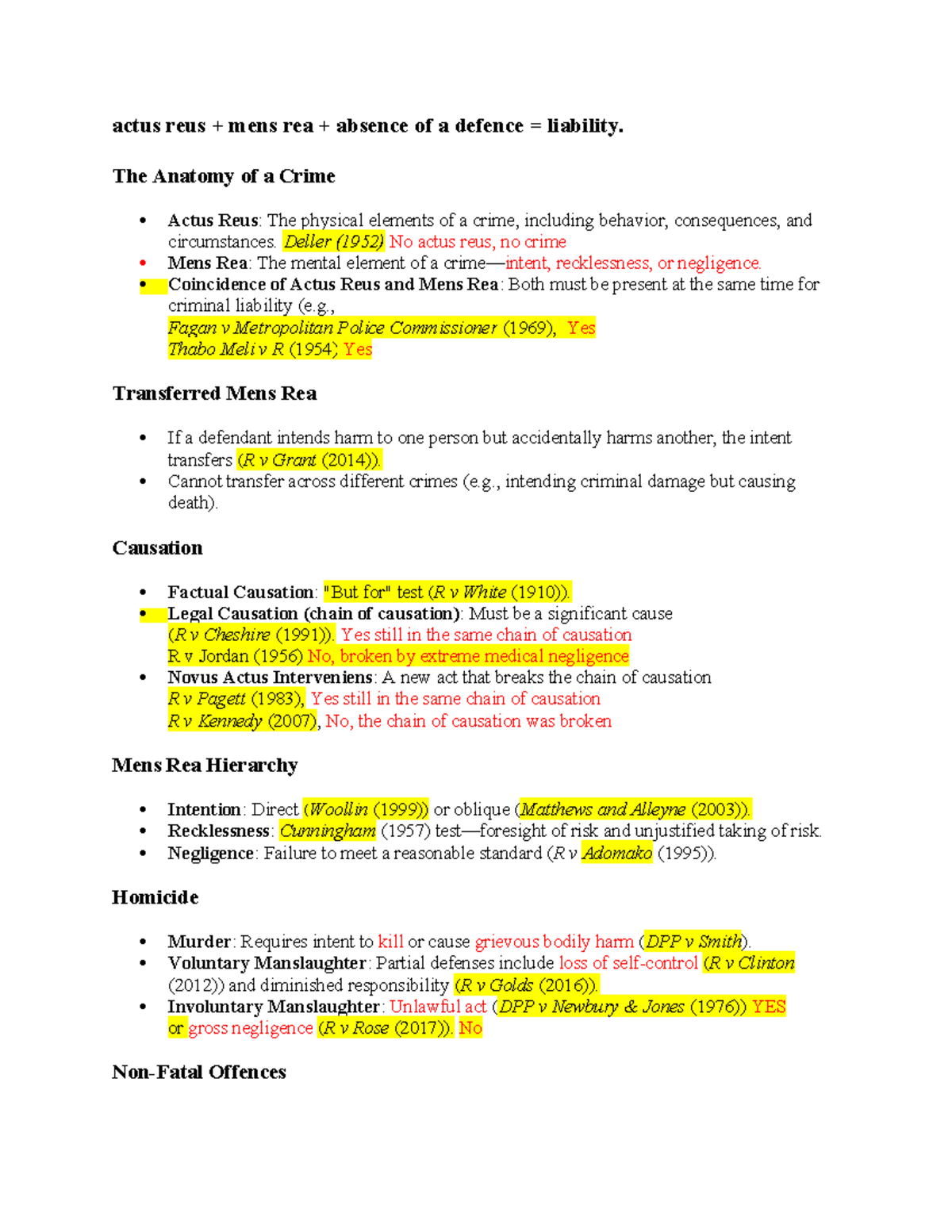 Criminal Law Exam Notes: Actus Reus & Mens Rea Analysis - Studocu