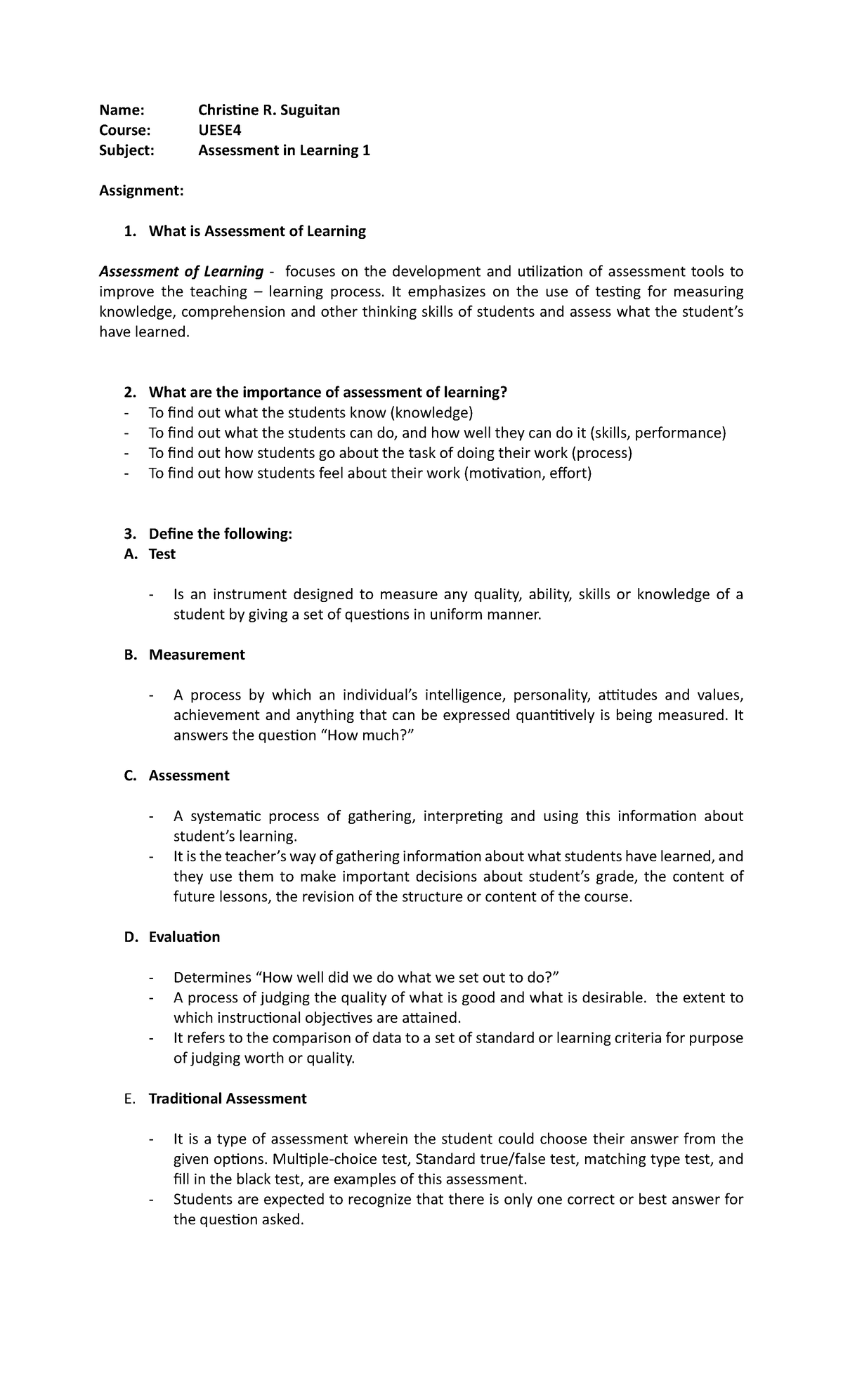 UESE4 Assessment in Learning 1: Assignment on Assessment of Learning ...