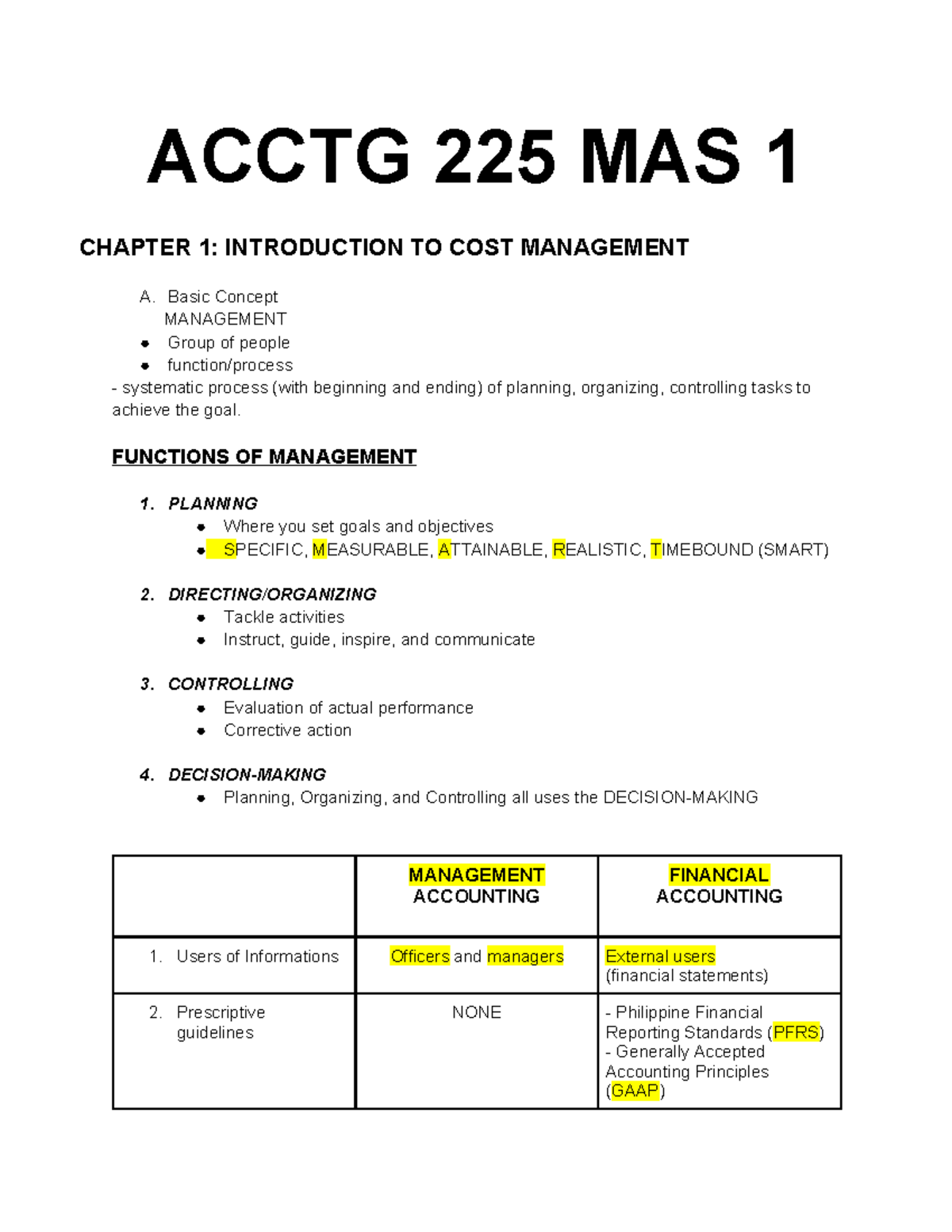 ACCTG 225 MAS 1 CHAPTER 1 & 3: COST MGMT & PERFORMANCE EVAL NOTES - Studocu