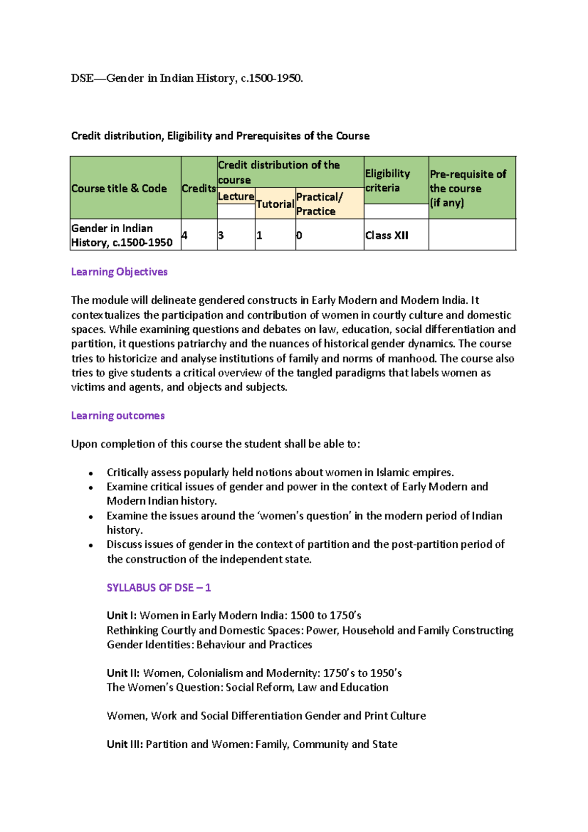 DSE: Gender in Indian History (c.1500-1950) Course Overview and ...