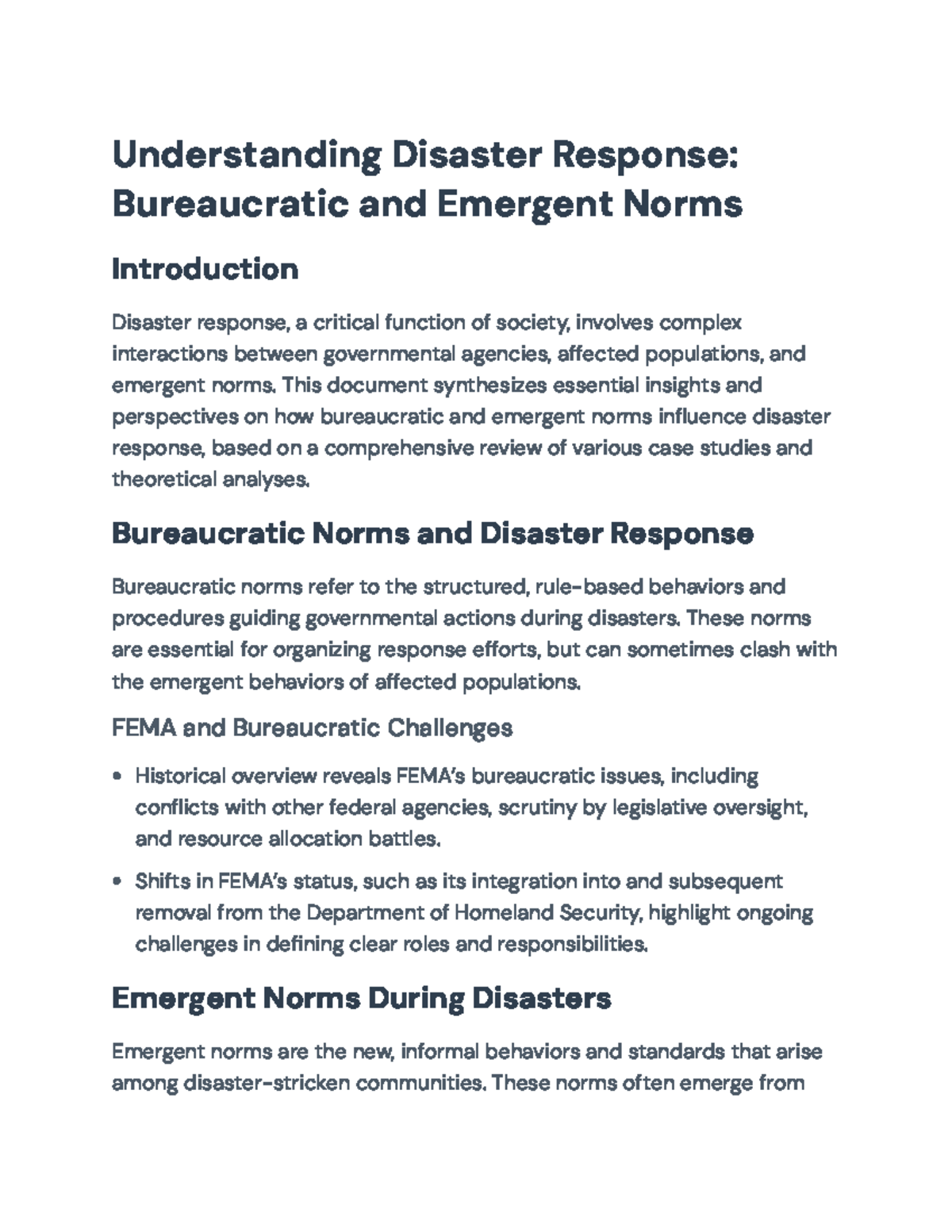 Understanding Disaster Response: Bureaucratic vs. Emergent Norms ...