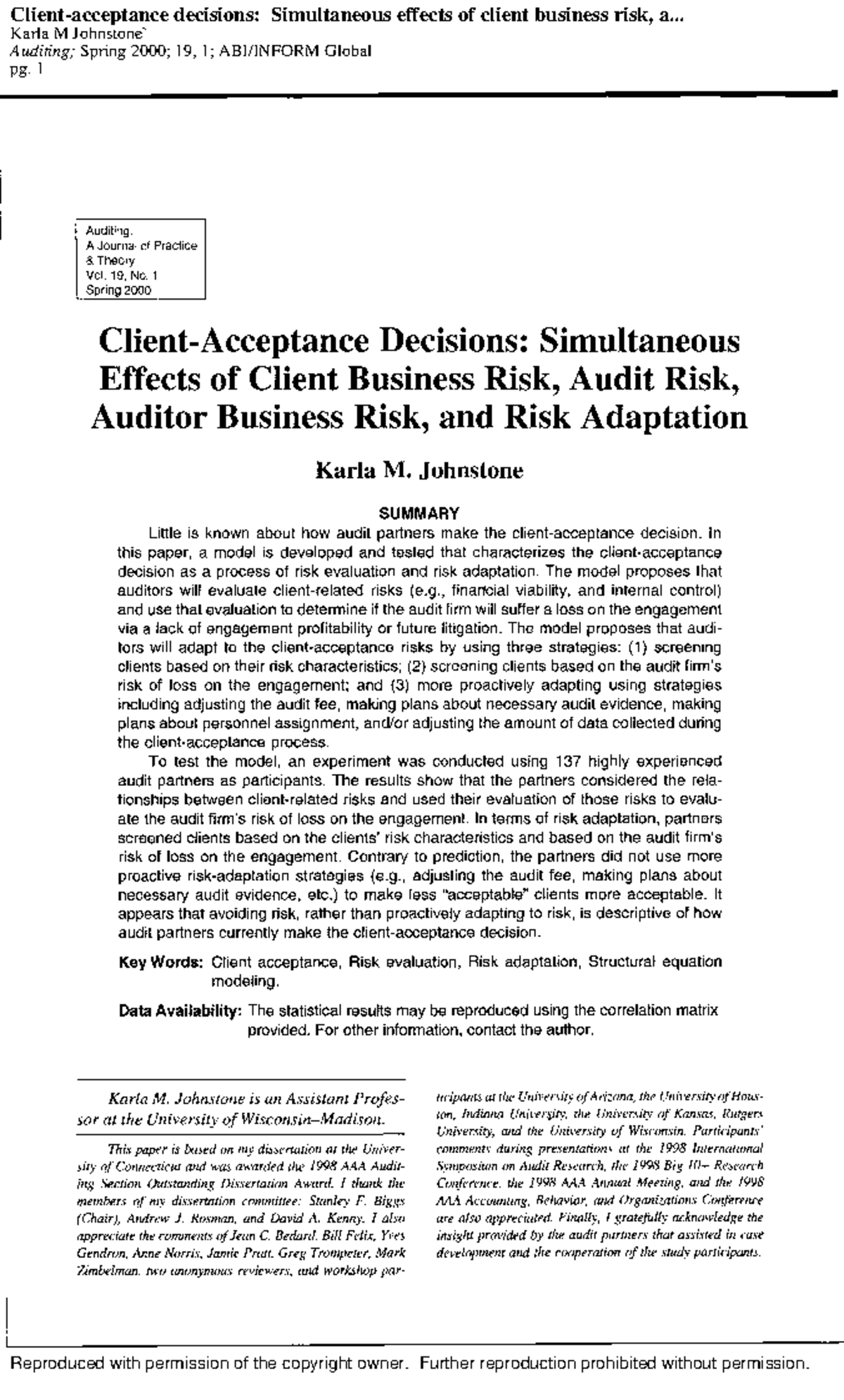 Simultaneous Effects of Client Business Risk and Audit Risk: A Study ...