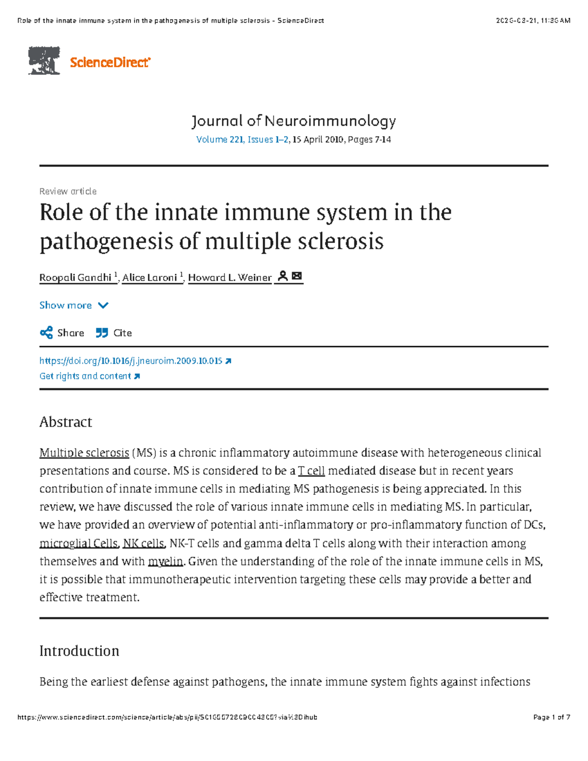 Role of Innate Immunity in MS Pathogenesis: A Review (NEURO 221) - Studocu