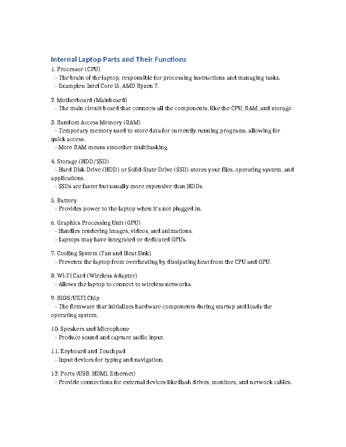 Internal Laptop Parts & Functions: A Comprehensive Overview - Studocu