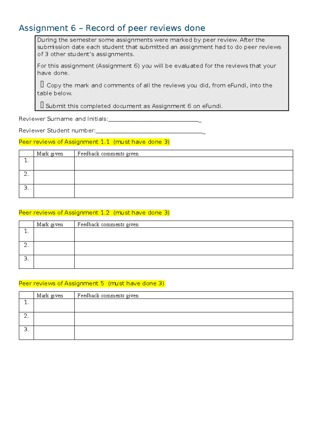 Assignment 6: Peer Review Records for Semester Assignments - Studocu