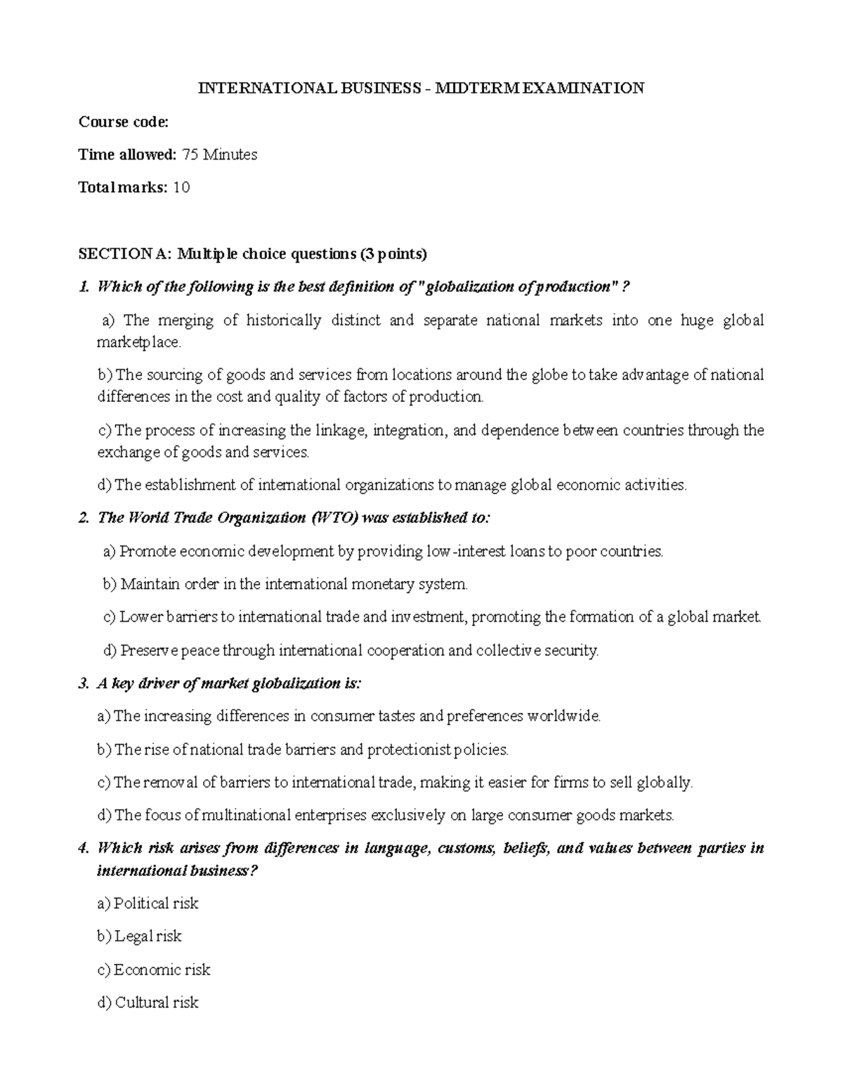 INTERNATIONAL BUSINESS MIDTERM EXAM (Course Code: 01) - Studocu